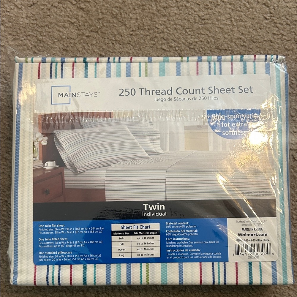 Mainstays Twin Sheet Set - Blue and White Stripes